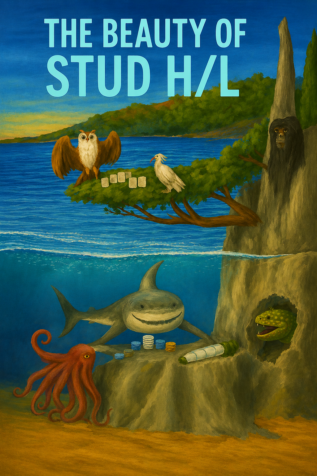 The Beauty of Stud H/L Poker - whimsical illustration of animals playing poker