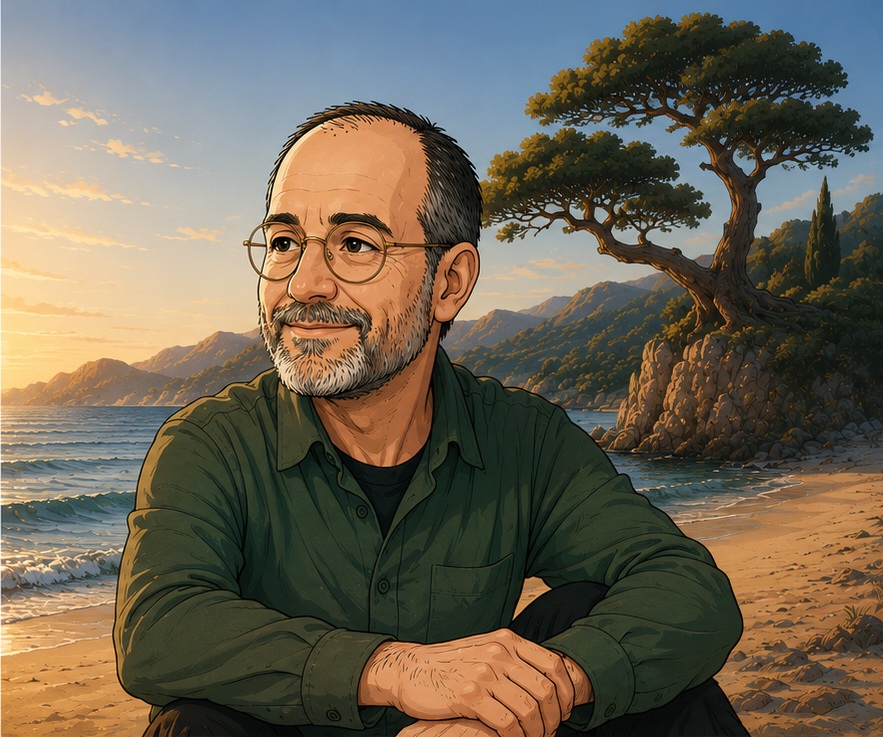 A serene, contented player sits on a beach at sunset