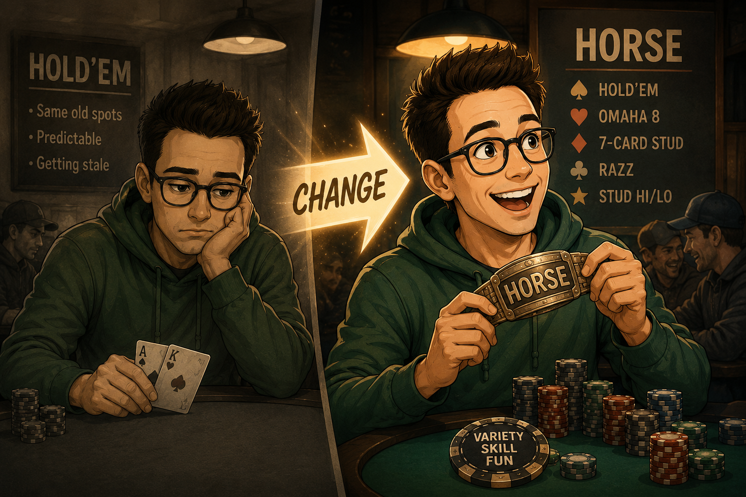 A before-and-after illustration: a bored Hold'em player transforms into an excited HORSE player holding a HORSE belt buckle