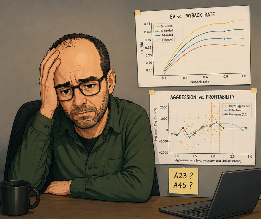 A stressed player surrounded by EV and aggression charts, deep in study