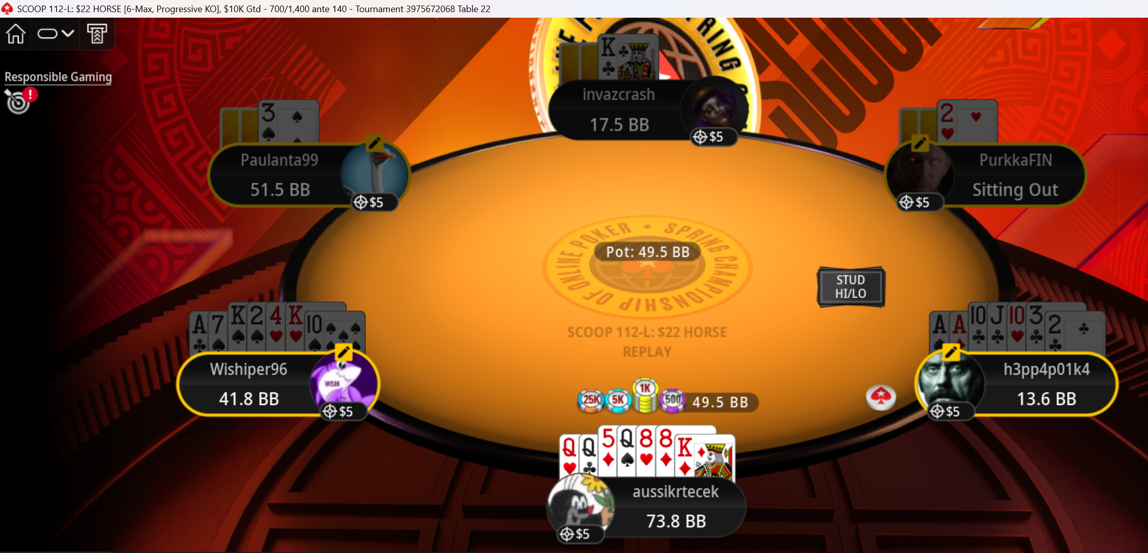 SCOOP 112-L: $22 HORSE Stud H/L - aussikrtecek with concealed trip Queens vs Wishiper96 and h3pp4p01k4 with Aces