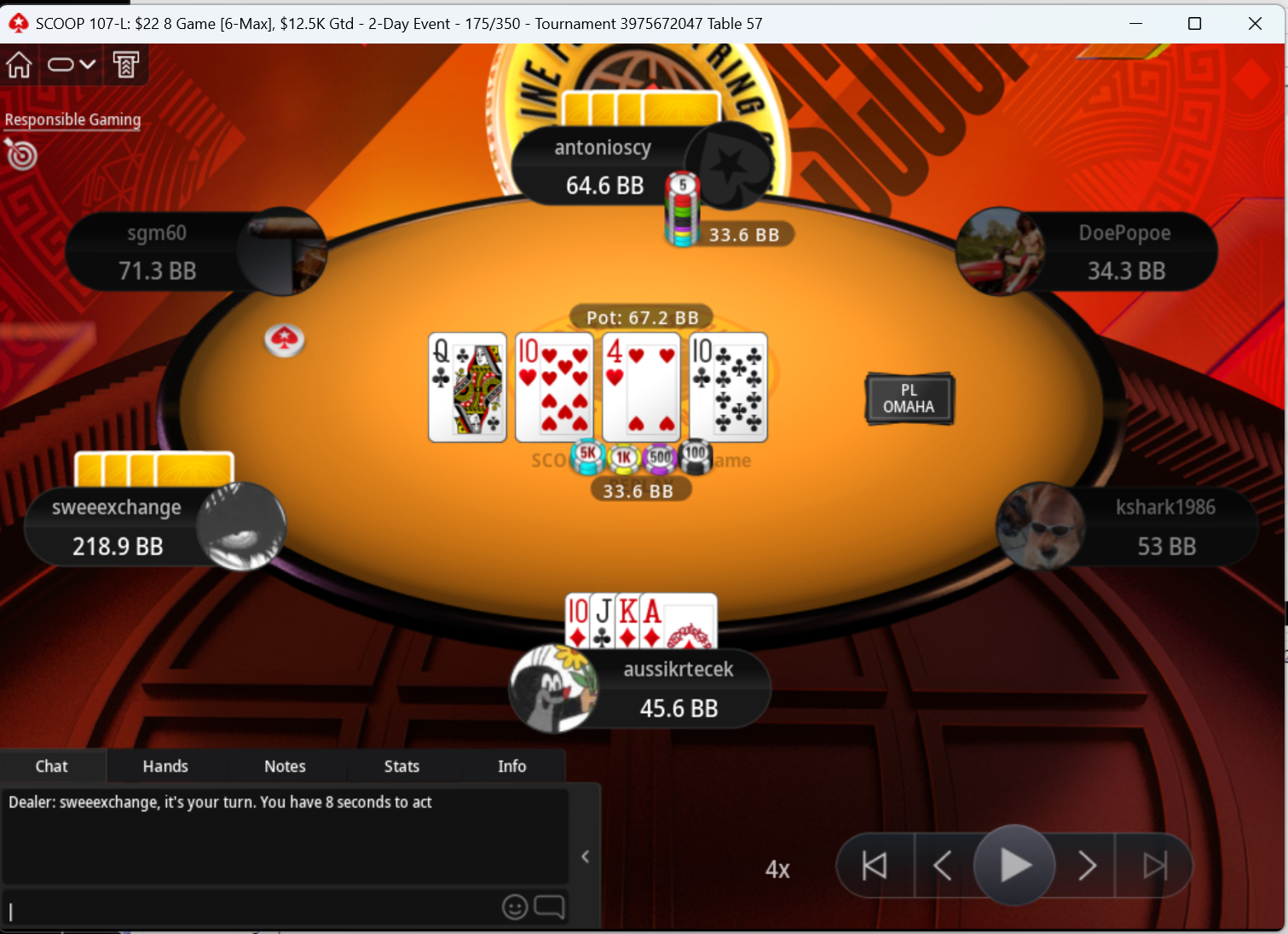 SCOOP 107-L: $22 8-Game PLO round - aussikrtecek with 10-J-K-A one-suited facing pot-sized donk bet from antonioscy on Q-10-4-10 board