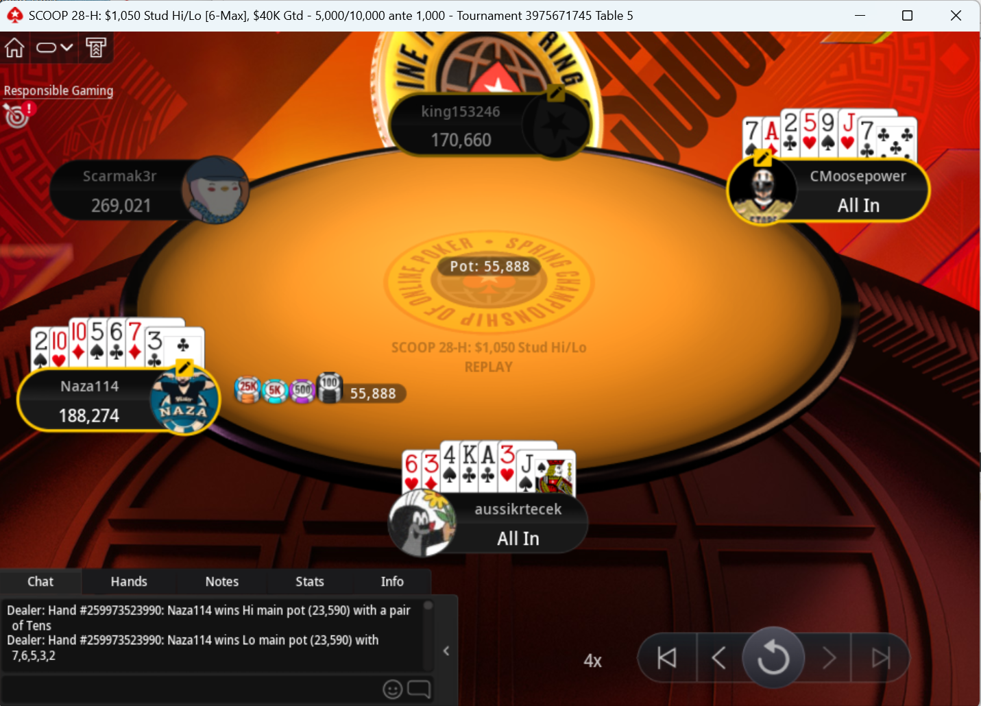 Exit hand from $1,050 - aussikrtecek all-in vs CMoosepower and Naza114, Naza114 scoops with pair of tens and 7-low
