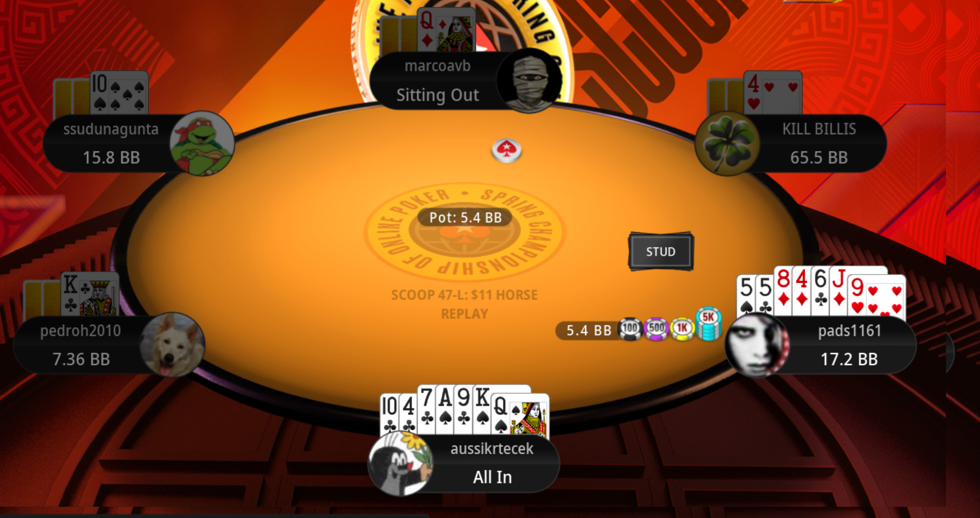 SCOOP 47-L: $11 HORSE Stud round - aussikrtecek all-in with straight draw vs pads1161 with pair of fives