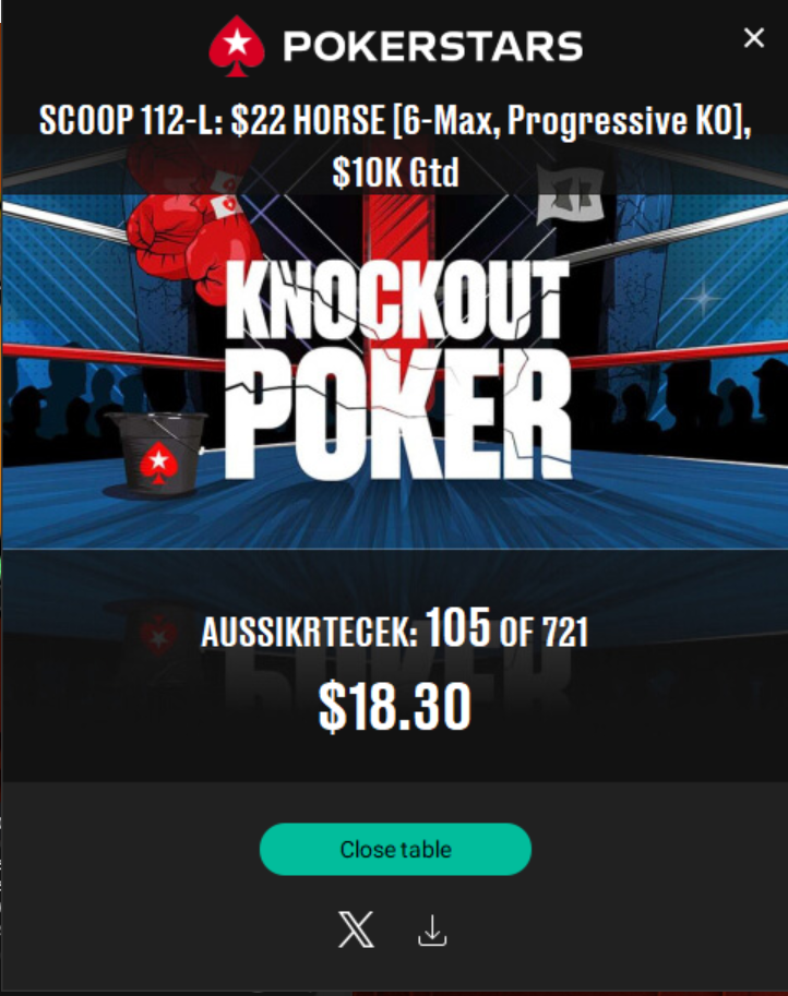 PokerStars popup showing AUSSIKRTECEK: 105 OF 721, $18.30 in SCOOP 112-L: $22 HORSE Progressive KO