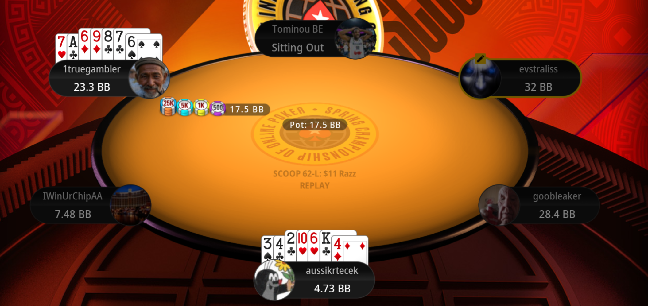 SCOOP 62-L: $11 Razz - aussikrtecek all-in with 3-4-2-10-6-K-4 vs 1truegambler's 7-A-6-9-8-7-6