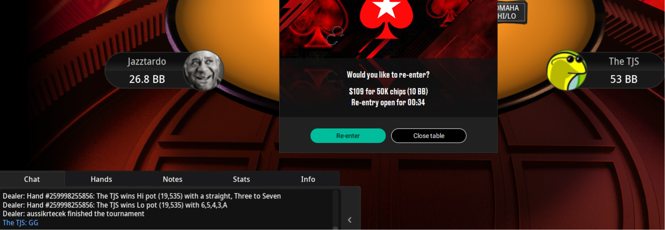 Re-entry popup with The TJS typing 'GG' in chat after busting aussikrtecek