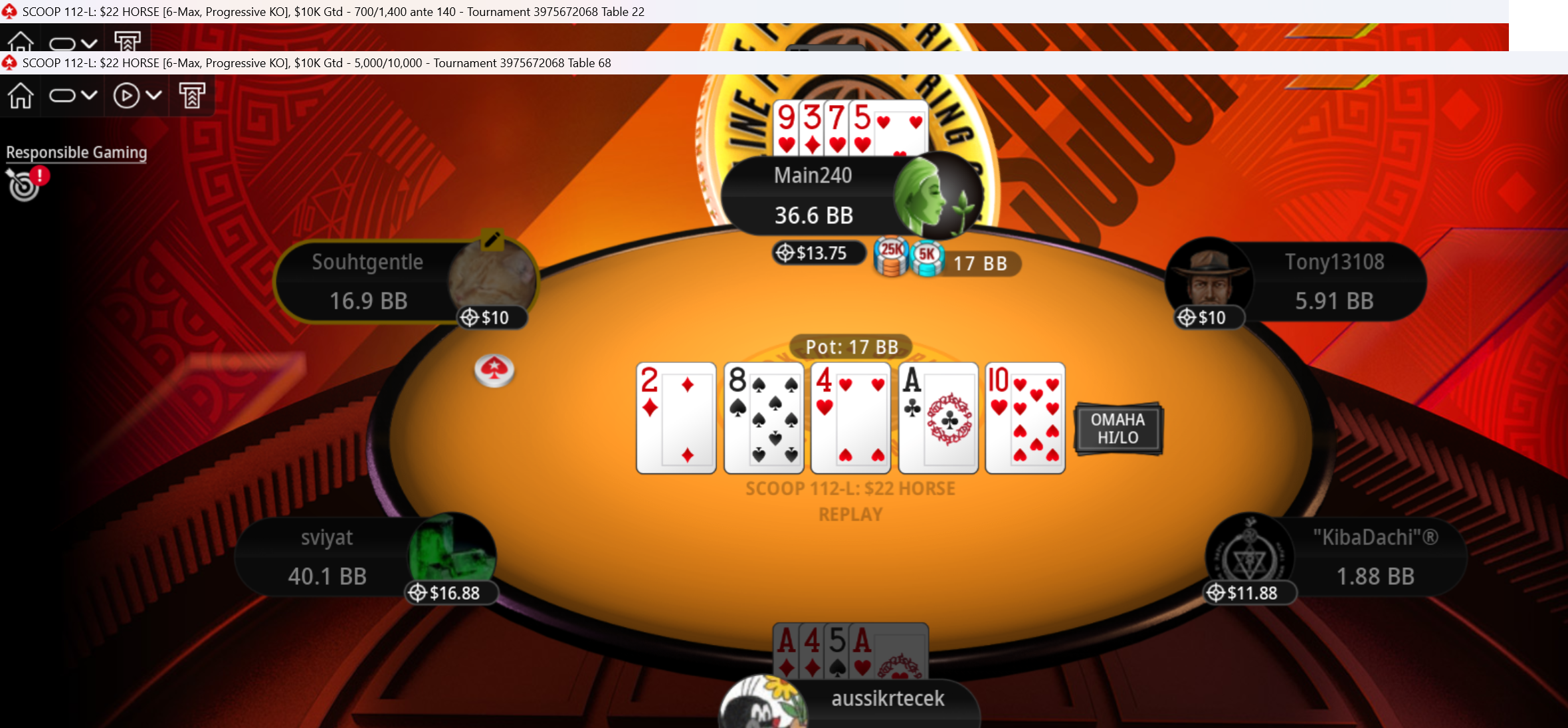 SCOOP 112-L: $22 HORSE Omaha H/L - aussikrtecek with A-4-5-A on 2-8-4-A-10 board vs Main240 with 9-3-7-5