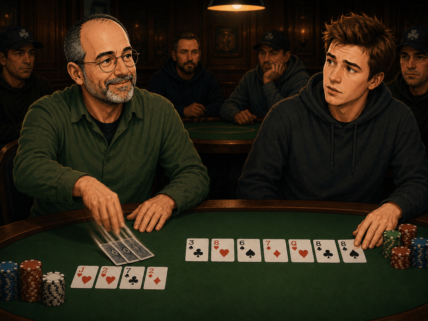 The older, wiser player mucks his cards with a gracious smile while a young player in a dark hoodie looks on