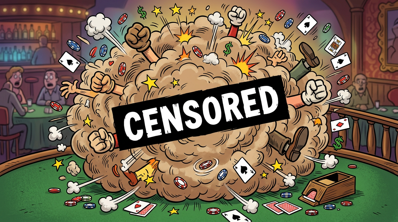 Cartoon brawl dust cloud with flying cards, chips and fists, covered by a black CENSORED bar