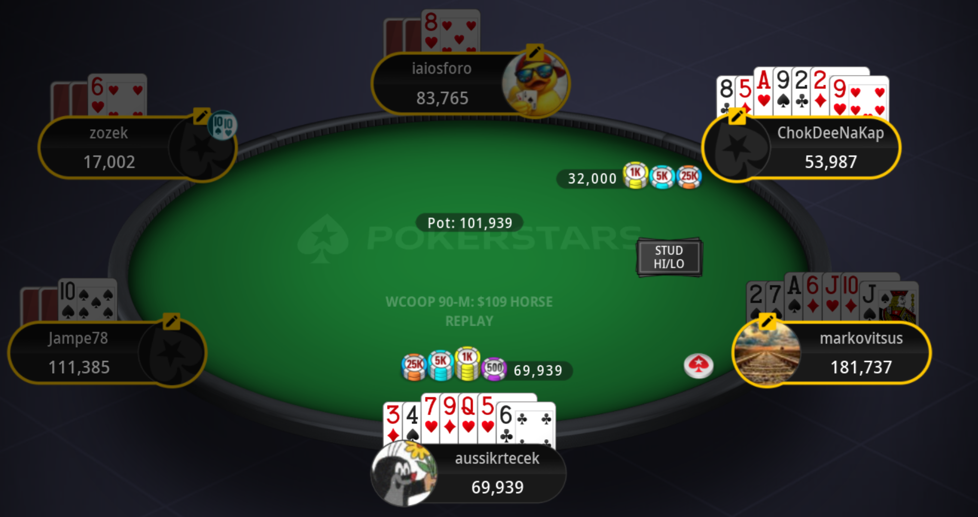 Stud Hi/Lo table in the WCOOP 90-M $109 HORSE: aussikrtecek showing 3-4-7-9-Q-5-6 for a runner-runner straight, pot 101,939
