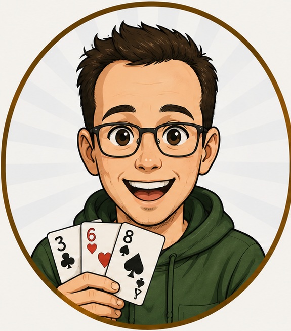 An excited young player in a green hoodie holds three low cards