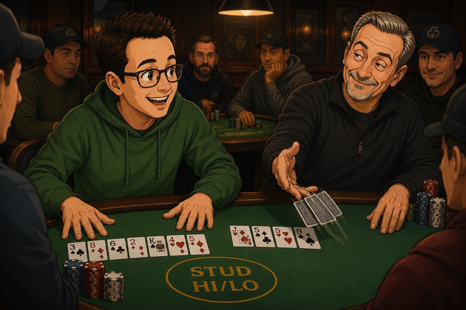A young player in a green hoodie grins triumphantly as an older opponent mucks his cards at the Stud Hi/Lo table